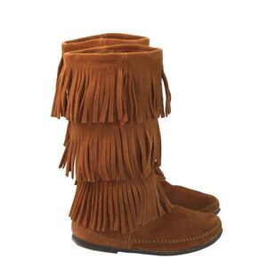 MINNETONKA Rust Brown Suede Leather 3-Layer Fringe Moccasin Mid Calf Boots Sz 7